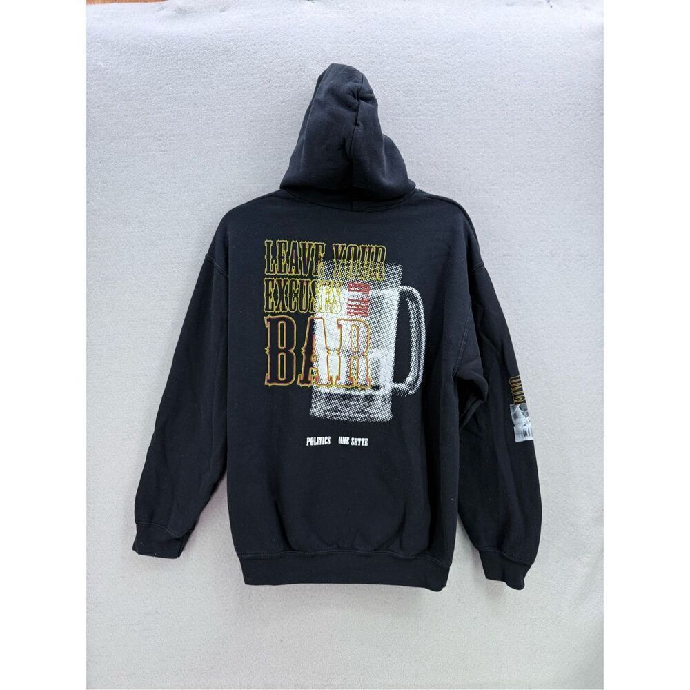 Politics Mens Black Fleece Long Sleeve Pullover Hooded Sweatshirt Size Medium